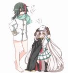  2girls absurdly_long_hair bare_legs barefoot cape cosplay costume_switch eyepatch gloves green_hair hat kantai_collection kiso_(kantai_collection) little_girl_admiral_(kantai_collection) long_hair moontoxin multiple_girls school_uniform serafuku short_hair standing translated very_long_hair white_background 