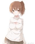  1girl alternate_costume blush breasts brown_eyes brown_hair cleavage cleavage_cutout hiro_(hirohiro31) kaga_(kantai_collection) kantai_collection long_sleeves open-chest_sweater pleated_skirt side_ponytail skirt solo sweater turtleneck 