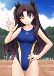  1girl arena_(company) black_hair blue_eyes competition_swimsuit fate/stay_night fate_(series) fuuma_nagi grin hand_on_hip long_hair one-piece_swimsuit one_eye_closed smile swimsuit tohsaka_rin toosaka_rin twintails two_side_up waving 