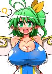  1girl ? blush bouncing_breasts breasts bust cleavage collarbone competition_swimsuit daiyousei fairy_wings green_eyes green_hair hair_ribbon highres huge_breasts large_breasts one-piece_swimsuit pointy_ears ribbon rindou_(p41neko) side_ponytail solo spoken_question_mark swimsuit touhou wings 