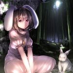  1girl animal_ears bamboo bamboo_forest brown_hair carrot_necklace dress forest inaba_tewi nature pink_dress rabbit rabbit_ears red_eyes ryosios short_hair short_sleeves sitting smile solo touhou 