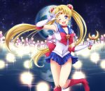  1girl ;d bishoujo_senshi_sailor_moon blonde_hair blue_eyes blue_skirt boots bow brooch castle choker covered_navel double_bun earrings earth elbow_gloves gloves hair_ornament hairpin jewelry knee_boots long_hair magical_girl mitsucho moon_stick one_eye_closed open_mouth planet pleated_skirt ribbon sailor_collar sailor_moon skirt smile solo tsukino_usagi twintails v white_gloves 