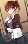  1girl brown_eyes brown_hair butler formal gloves kaga_(kantai_collection) kantai_collection long_hair motyo1964 side_ponytail tuxedo 