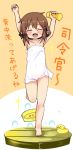  1girl ^_^ arms_up bare_shoulders barefoot basin blush brown_hair closed_eyes glico highres ikazuchi_(kantai_collection) kantai_collection naked_towel open_mouth oshiruko_(uminekotei) parody rubber_duck smile soap_bubbles solo sponge towel translated tub 