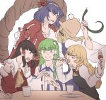  5girls blonde_hair blue_hair bow braid brown_eyes brown_hair d:&lt; eating empty_eyes food frog_hair_ornament glass green_eyes green_hair hair_bow hair_ornament hair_tubes hakurei_reimu kirisame_marisa kochiya_sanae long_hair mefomefo moriya_suwako multiple_girls no_hat nontraditional_miko ribbon-trimmed_sleeves ribbon_trim rope shimenawa shirt short_hair side_braid single_braid skewer smile snake snake_hair_ornament touhou veins vest wide_sleeves yasaka_kanako 