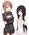  2girls :&lt; ao_no_neko black_hair blue_eyes braid breast_envy breasts brown_hair cleavage cleavage_cutout flat_chest flying_sweatdrops glasses large_breasts long_hair long_sleeves looking_at_breasts multiple_girls naked_sweater open-chest_sweater original ribbed_sweater sweater sweater_dress turtleneck twin_braids very_long_hair violet_eyes 