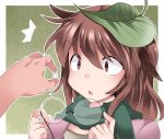  /\/\/\ 1girl blush brown_eyes brown_hair bust commentary contact_lens futatsuiwa_mamizou glasses glasses_removed hammer_(sunset_beach) leaf leaf_on_head long_hair revision scarf solo_focus touhou 