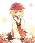  1girl aki_minoriko autumn_leaves blonde_hair finger_to_mouth food fruit grapes hat heart heart-shaped_pupils mickeysmith oversized_clothes red_eyes short_hair solo symbol-shaped_pupils touhou traditional_media wide_sleeves 
