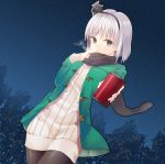  1girl breath coat contemporary dutch_angle green_eyes hairband highres konpaku_youmu long_sleeves looking_at_viewer night night_sky outdoors ribbed_sweater ribbon scarf short_hair silver_hair sky soft_drink solo standing sweater sweater_dress tauta_(meshia8787) thigh-highs touhou tree 