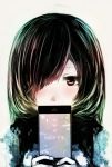  1girl black_hair cellphone covered_mouth hair_over_one_eye highres original phone scarf shuji6969 