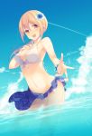  1girl bikini blonde_hair breasts cleavage flower genderswap hair_flower hair_ornament highres kise_ryouta kuroko_no_basuke long_hair namiri navel swimsuit water yellow_eyes 