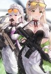  2girls aircraft apron bangs black_dress black_gloves blonde_hair blush breasts collared_dress day detached_collar dress eyewear_on_head gloves green_eyes gun hair_between_eyes helicopter highres holding holding_gun holding_weapon juliet_sleeves kfr large_breasts long_hair long_sleeves looking_at_viewer maid_headdress multiple_girls original outdoors puffy_sleeves sidelocks sunglasses tinted_eyewear trigger_discipline very_long_hair violet_eyes weapon white_hair 