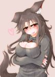  1girl animal_ears blush breast_hold breasts brown_hair cleavage cleavage_cutout crossed_arms fang heart highres imaizumi_kagerou jewelry large_breasts long_hair looking_at_viewer nama_shirasu open-chest_sweater open_mouth pink_background red_eyes simple_background solo sweater tail tail_wagging touhou wolf_ears wolf_tail 