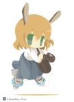  1girl amelie_planchard animal_ears artist_name bag blue_skirt chameleon_man_(three) collared_shirt flying green_eyes handbag long_skirt long_sleeves no_mouth orange_hair rabbit_ears short_hair simple_background skirt solo strike_witches striker_unit white_background 