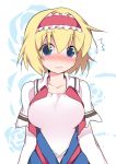  /\/\/\ 1girl alice_margatroid blonde_hair blue_eyes blush breasts camisole commentary hairband hammer_(sunset_beach) large_breasts looking_at_viewer open_clothes short_hair solo touhou 