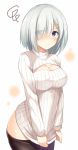  1girl black_legwear blue_eyes blush breasts cleavage cleavage_cutout hair_ornament hair_over_one_eye hairclip hamakaze_(kantai_collection) highres kantai_collection large_breasts long_sleeves looking_at_viewer no_pants open-chest_sweater ribbed_sweater short_hair simple_background sweatdrop sweater sweater_pull tomoo_(tomo) white_hair 