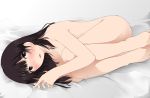  1girl black_eyes black_hair blush knees_to_chest long_hair looking_at_viewer lying nude open_mouth original p-u-n-i solo 