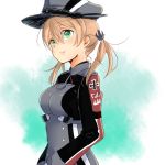  1girl blonde_hair green_eyes hat hiki-wota kantai_collection long_hair peaked_cap prinz_eugen_(kantai_collection) smile twintails uniform 