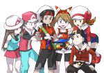  3boys 3girls absurdres backwards_hat bag baseball_cap black_hair blue_(pokemon) blue_eyes bracelet brown_eyes brown_hair cabbie_hat curious donnpati fanny_pack game_boy_advance gold_(pokemon) hair_ribbon haruka_(pokemon) haruka_(pokemon)_(remake) hat hat_ribbon highres jewelry kotone_(pokemon) long_hair multiple_boys multiple_girls nintendo_3ds nintendo_ds official_style overalls pokemon pokemon_(game) pokemon_frlg pokemon_hgss pokemon_oras red_(pokemon) red_(pokemon)_(remake) red_skirt ribbon short_hair short_shorts shorts shoulder_bag skirt sleeveless sleeveless_shirt thigh-highs twintails two_side_up white_background yuuki_(pokemon) yuuki_(pokemon)_(remake) 