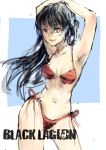  1girl absurdres armpits bikini black_hair black_lagoon contrapposto copyright_name glasses highres hunter.g long_hair navel side-tie_bikini small_breasts smile solo swimsuit washimine_yukio 