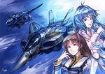  2girls amasaki_(amakasa_r) black_hair brown_hair choujikuu_yousai_macross dress flying grin hayase_misa ichijou_hikaru long_hair lynn_minmay macross macross:_do_you_remember_love? mecha microphone military military_uniform multiple_girls roy_focker science_fiction signature smile u.n._spacy uniform vf-1 vf-1s 