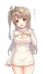  1girl breasts brown_hair cleavage cleavage_cutout gou_(ga673899) hair_ribbon long_hair love_live!_school_idol_project minami_kotori naked_sweater one_side_up open-chest_sweater open_mouth ribbed_sweater ribbon solo sweater tears thigh_gap translation_request turtleneck very_long_hair yellow_eyes 