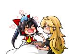  2girls ascot blanket blonde_hair blush bow commentary detached_sleeves dress feeding frown hair_bow hair_tubes hakurei_reimu ice_pack kirisame_marisa large_bow long_hair messy_hair multiple_girls open_mouth ponytail porridge senmitu3/1000 sick sweatdrop touhou 