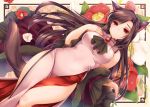  1girl adapted_costume alternate_costume animal_ears ascot blush breasts brooch brown_hair china_dress chinese_clothes coat dress dutch_angle floral_background flower imaizumi_kagerou jewelry large_breasts long_hair looking_at_viewer looking_down moneti_(daifuku) red_eyes sleeveless solo tail touhou turtleneck wolf_ears wolf_tail 