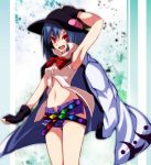  1girl adapted_costume arm_up armpits belt black_gloves blue_hair bow coat fang fingerless_gloves food fruit gloves hand_on_headwear hat highres hinanawi_tenshi midriff multiple_belts navel open_clothes open_coat open_fly open_shirt peach red_eyes s-syogo short_shorts shorts sleeveless sleeveless_shirt smile solo touhou unzipped 