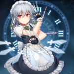  1girl apron bow braid clock dress fingerless_gloves gloves hair_bow highres holding izayoi_sakuya knife long_hair looking_at_viewer maid maid_headdress papo red_eyes short_braid short_sleeves silver_hair solo touhou twin_braids weapon 