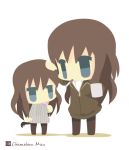  2girls animal_ears artist_name black_legwear blue_eyes brown_hair candy chameleon_man_(three) chibi child cigarette cup dog_ears dog_tail dual_persona hand_on_another&#039;s_head holding jacket lollipop long_hair mug multiple_girls pantyhose ribbed_sweater simple_background standing strike_witches sweater tail time_paradox white_background younger 