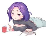  1girl alternate_costume blush breasts cleavage cleavage_cutout denim ichihaya impossible_clothes jeans kantai_collection lying on_stomach open-chest_sweater pants purple_hair ramen short_hair solo tatsuta_(kantai_collection) twitter_username violet_eyes 