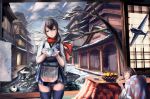  2girls airplane akagi_(kantai_collection) architecture basket black_hair building clouds column commentary doraxi east_asian_architecture flower food fruit garden highres holding japanese_clothes jar kaga_(kantai_collection) kantai_collection kotatsu lantern map multiple_girls muneate pillar plant pond ponytail poster_(object) rock scarf sheep sky sleeping sliding_doors snow snowman table tatami thigh-highs tree water winter 
