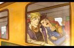  2boys blonde_hair brown_hair bus caesar_anthonio_zeppeli contemporary drooling facial_mark jojo_no_kimyou_na_bouken joseph_joestar_(young) kilva_lollop motor_vehicle multiple_boys sleeping vehicle 