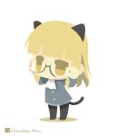  1girl adjusting_glasses animal_ears artist_name black_legwear blonde_hair cat_ears cat_tail chameleon_man_(three) child cravat glasses military military_uniform no_mouth pantyhose perrine_h_clostermann short_hair simple_background solo standing strike_witches tail uniform white_background yellow_eyes younger 