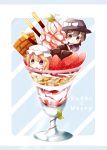  2girls blonde_hair bow brown_eyes brown_hair character_name chocolate food fruit gasuto_(kamikami) glass hat hat_bow ice_cream in_food maribel_hearn minigirl mint mob_cap multiple_girls open_mouth pocky soft_serve strawberry sundae touhou usami_renko violet_eyes waffle 