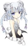 &gt;:o 1girl :o bare_shoulders bat_wings blue_eyes blush bow braid double_bun hair_ornament haku_(p&amp;d) lolicon_ippikioukami long_hair navel open_mouth partially_colored puzzle_&amp;_dragons silver_hair simple_background solo tail tail_bow tiger_tail twin_braids white_background wings 