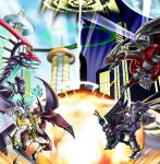  battle blackwing_armor_master city dimension_explosion duel_monster explosion galaxy-eyes_photon_dragon highres junk_warrior number_32_shark_drake number_39_utopia omega_na_hito parody red_dragon_archfiend thunder yuu-gi-ou 