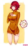  1girl breasts chibi_inset cleavage cleavage_cutout colonel_sanders cowboy_shot hand_on_own_chest heart kfc mcdonald&#039;s naked_sweater open-chest_sweater orichie red_eyes red_nails ribbed_sweater short_hair solo sweater sweater_tug turtleneck 