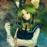  1girl bow dress gloves green_eyes green_hair hat katari long_hair mima ribbon smile solo touhou touhou_(pc-98) wizard_hat 