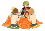  4boys blonde_hair brown_hair green_eyes green_hair hair_over_one_eye hakata_toushirou hhaida hirano_toushirou jacket kotatsu maeda_toushirou male_focus multiple_boys origami paper_crane seiza sitting table touken_ranbu track_jacket uguisumaru yunomi 