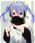  1girl blue_eyes blue_hair blush cosplay covered_mouth ene_(kagerou_project) headphones highres kagerou_project konoha_(kagerou_project) konoha_(kagerou_project)_(cosplay) long_hair nako_(inamenaihane) oversized_clothes twintails 