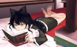  1girl barefoot bed black_hair blake_belladonna book bow hair_bow infinote long_hair lying on_stomach pillow reading rwby solo twitter_username yellow_eyes 
