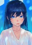  1girl blue_eyes blue_hair blush bukimi_isan collarbone earrings ganaha_hibiki idolmaster jewelry lips looking_at_viewer portrait solo v-neck wet wet_clothes 