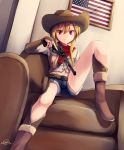  1girl american_flag blonde_hair boots colt_saa couch cowboy_hat dreadtie gun hat highres jessica_jefferson legs looking_at_viewer navel original red_eyes revolver shorts signature sitting smile solo spread_legs weapon western 