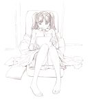  1girl barefoot blanket monochrome original sitting sketch solo traditional_media twintails yoshitomi_akihito 