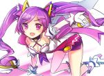  1girl :d aisha_(elsword) breasts cleavage collar elsword gloves kuroshio_maki long_hair magical_girl miniskirt open_mouth outstretched_hand purple_hair purple_skirt shoes skirt smile solo twintails violet_eyes white_background 