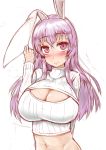  1girl absurdres animal_ears blush breasts cleavage cleavage_cutout highres impossible_clothes impossible_sweater large_breasts lavender_hair long_hair looking_at_viewer midriff navel open-chest_sweater rabbit_ears red_eyes reisen_udongein_inaba simple_background solo sweater touhou white_background yuta0504 