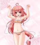  1girl :3 ahoge arms_up blush bunny_hair_ornament cinderella_bust crescent_hair_ornament fang flat_chest hair_ornament kantai_collection long_hair looking_at_viewer navel open_mouth pink_hair red_eyes riku_(rikkuru) smile solo swimsuit uzuki_(kantai_collection) very_long_hair 