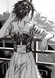  1girl against_fence air_shakur_(umamusume) animal_ears bow bowtie collarbone commentary_request cowboy_shot fence greyscale hand_on_own_head highres horse_ears horse_girl karate_(karatedazey) looking_afar monochrome parted_bangs sailor_collar school_uniform shirt sketch skirt solo standing summer_uniform tracen_school_uniform umamusume upper_body 